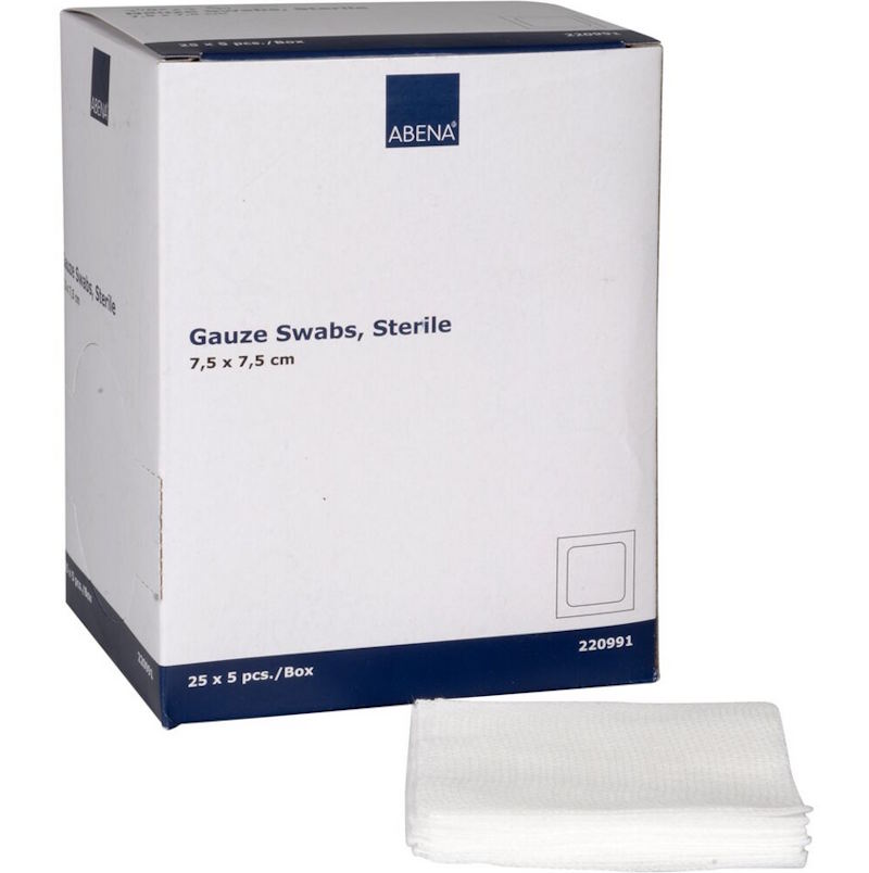 Abena Gaze Kompres 7,5 x 7,5 cm., Steril, 17 tråde – 25 x 5 stk.