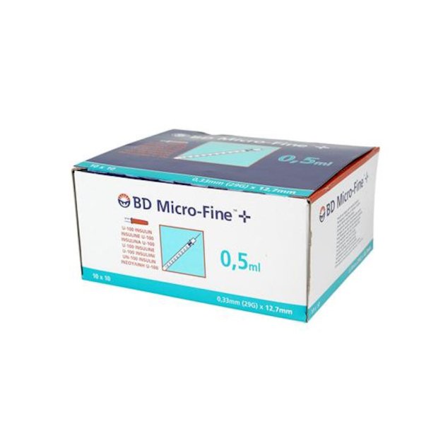 BD MicroFine, Insulinsprjte 0,5 ml med kanyle, steril, 0,33 mm x 12,7 mm (29G x ) - 100 stk.