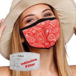 Washable mask with filter, with red paisley motif